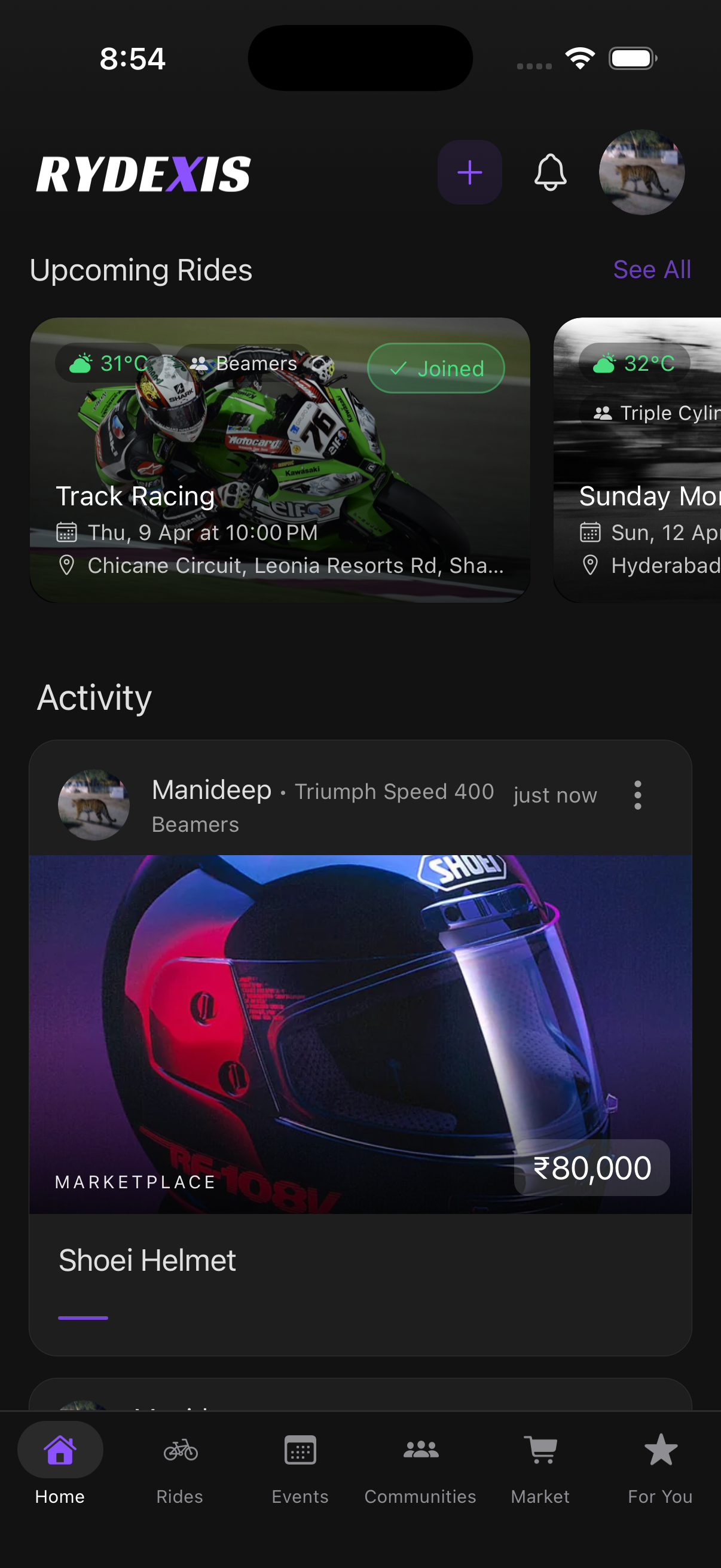 Rydexis app social feed screen
